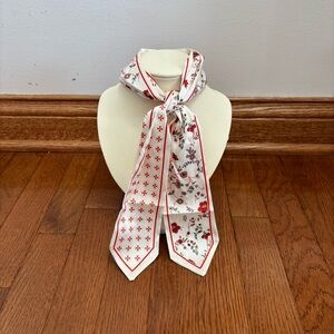 Red and White Floral Print Satin Scarf